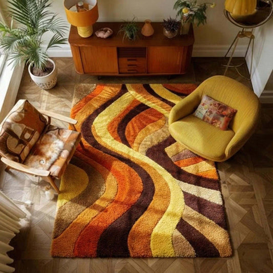 Retro wave shag rug with 70s-inspired brown, orange, and yellow wave pattern and plush texture