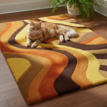 Groovy 70s inspired wave rug with warm earth tones styled with houseplants and wood furniture.