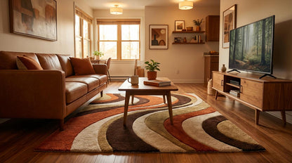 Hand-tufted retro rug with wavy burnt orange, brown, and cream abstract swirl pattern, mid-century modern wool area carpet