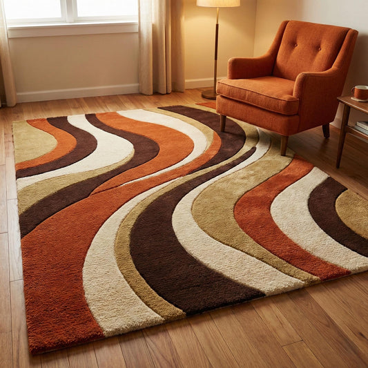 Retro 70s wavy area rug in burnt orange and brown with hand-tufted wool swirl design for mid-century modern decor
