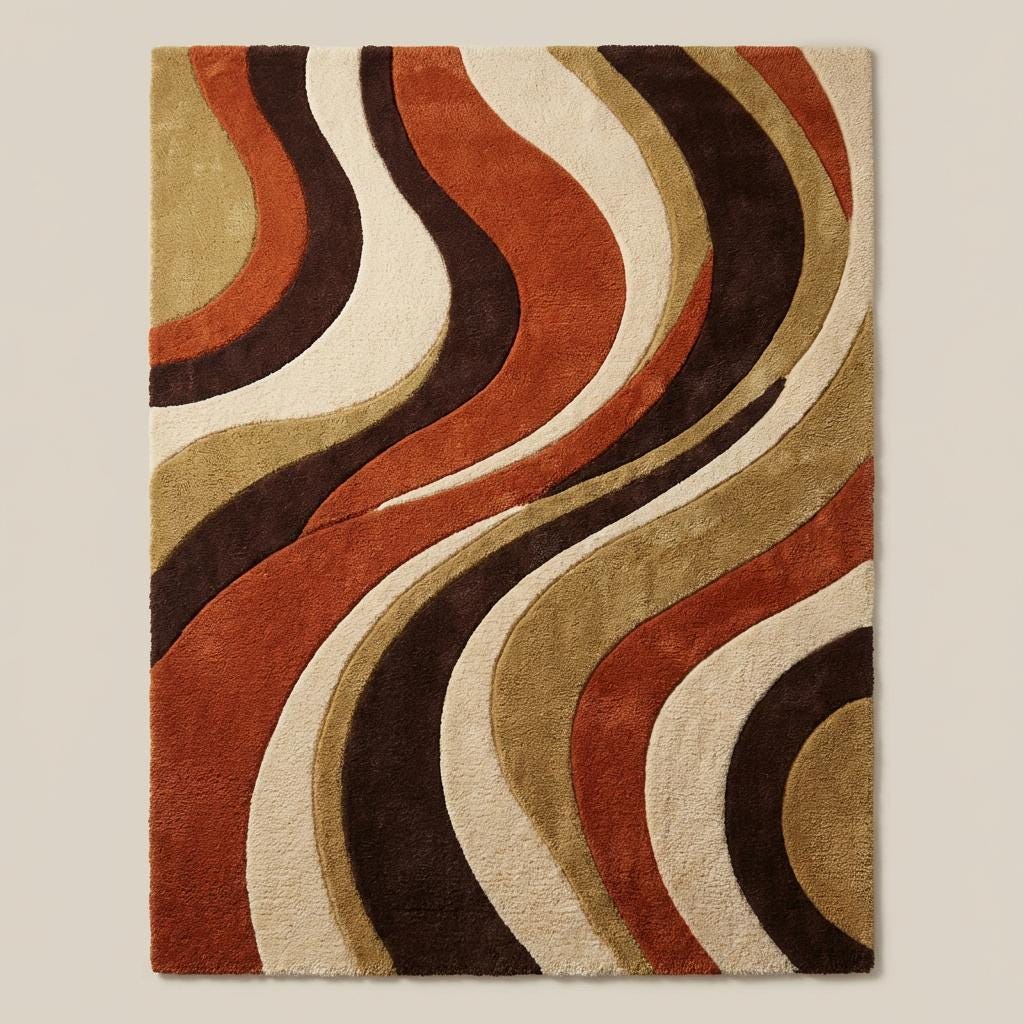 Hand-tufted retro rug with wavy burnt orange and brown abstract pattern for mid-century modern decor