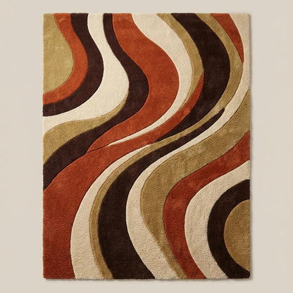 Hand-tufted retro rug with wavy burnt orange and brown abstract pattern for mid-century modern decor
