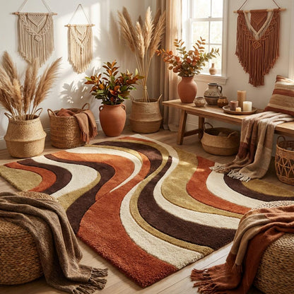 Hand-tufted Retro Rug with wavy burnt orange, brown, and cream abstract design in mid-century modern style