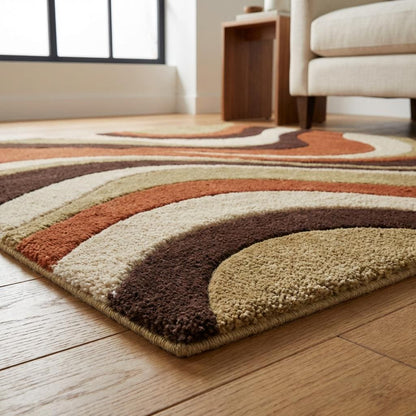 Mid-century modern retro rug with wavy burnt orange, brown, and cream abstract pattern in living room