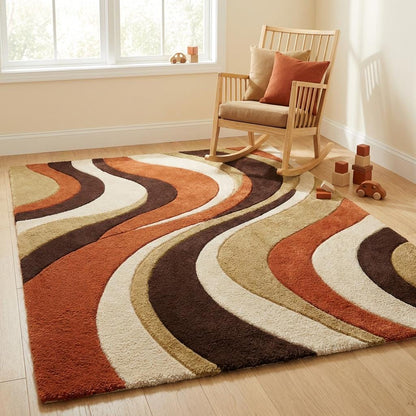 Hand-tufted wool retro rug with wavy burnt orange and brown abstract pattern for mid-century modern decor