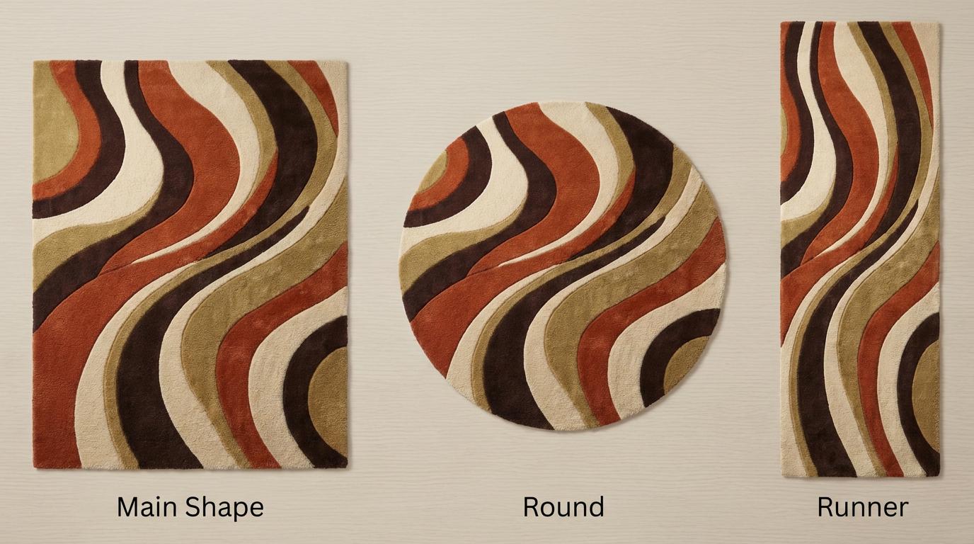 Hand-tufted retro rug with wavy burnt orange, brown, and cream abstract design for mid-century modern decor