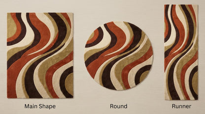 Hand-tufted retro rug with wavy burnt orange, brown, and cream abstract design for mid-century modern decor