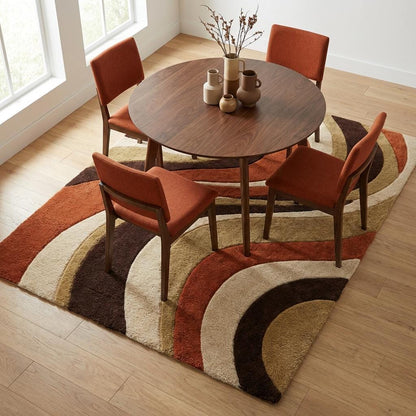 Hand-tufted retro rug with wavy burnt orange and brown abstract pattern for mid-century modern decor