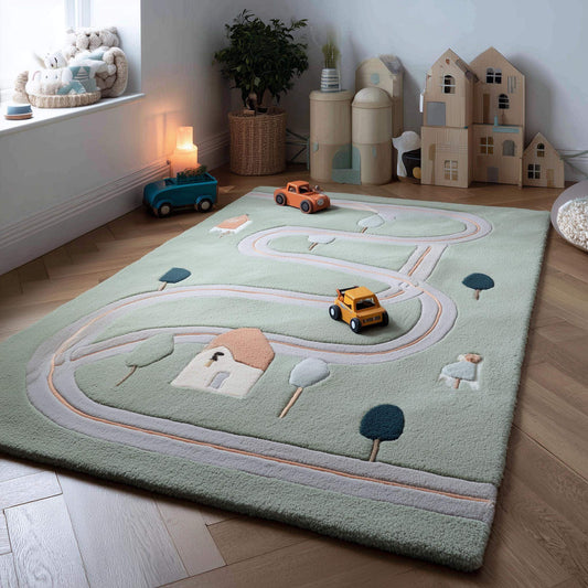 Hand-tufted road track kids rug in sage green wool with playful car and house design for toddler playroom decor