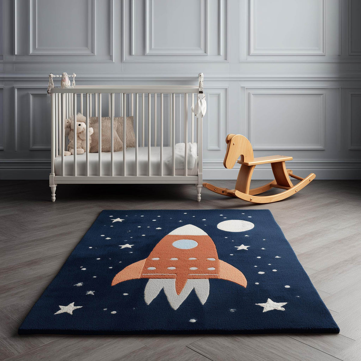 Handmade rocket ship kids rug with soft wool, galaxy design, rockets, and stars for space-themed nursery or playroom