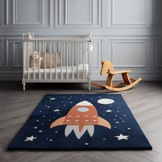 Handmade rocket ship kids rug with soft wool, galaxy design, rockets, and stars for space-themed nursery or playroom
