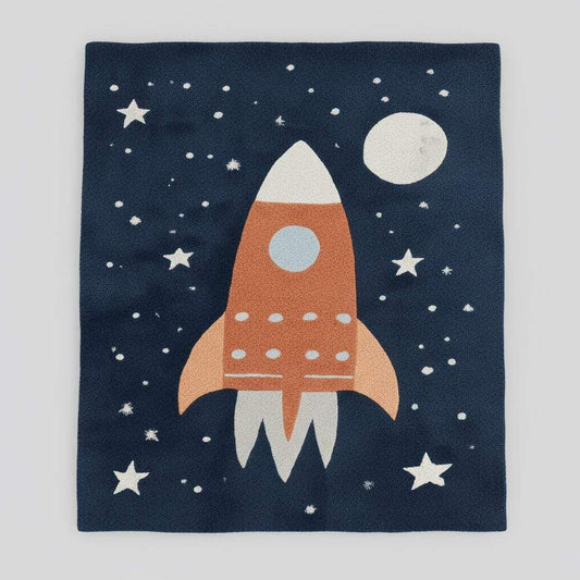 Rocket Ship Kids Rug | Space Theme Nursery Carpet | Baby Room Decor | Astronaut Playroom Rug | Handmade Tufted Wool Area Mat | Galaxy Design