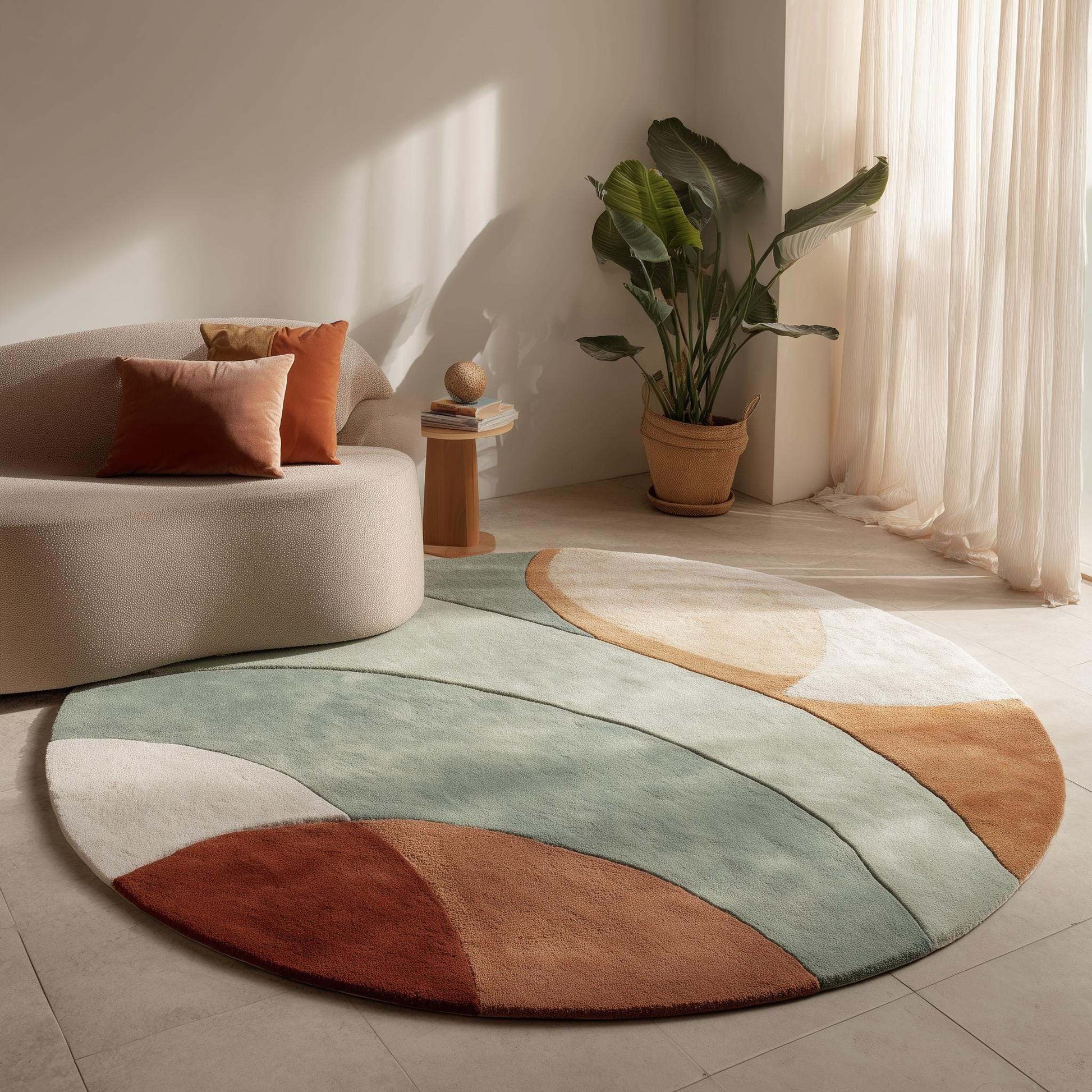 Hand-tufted wool rug with sage terracotta geometric circle design, round area rug for modern boho decor