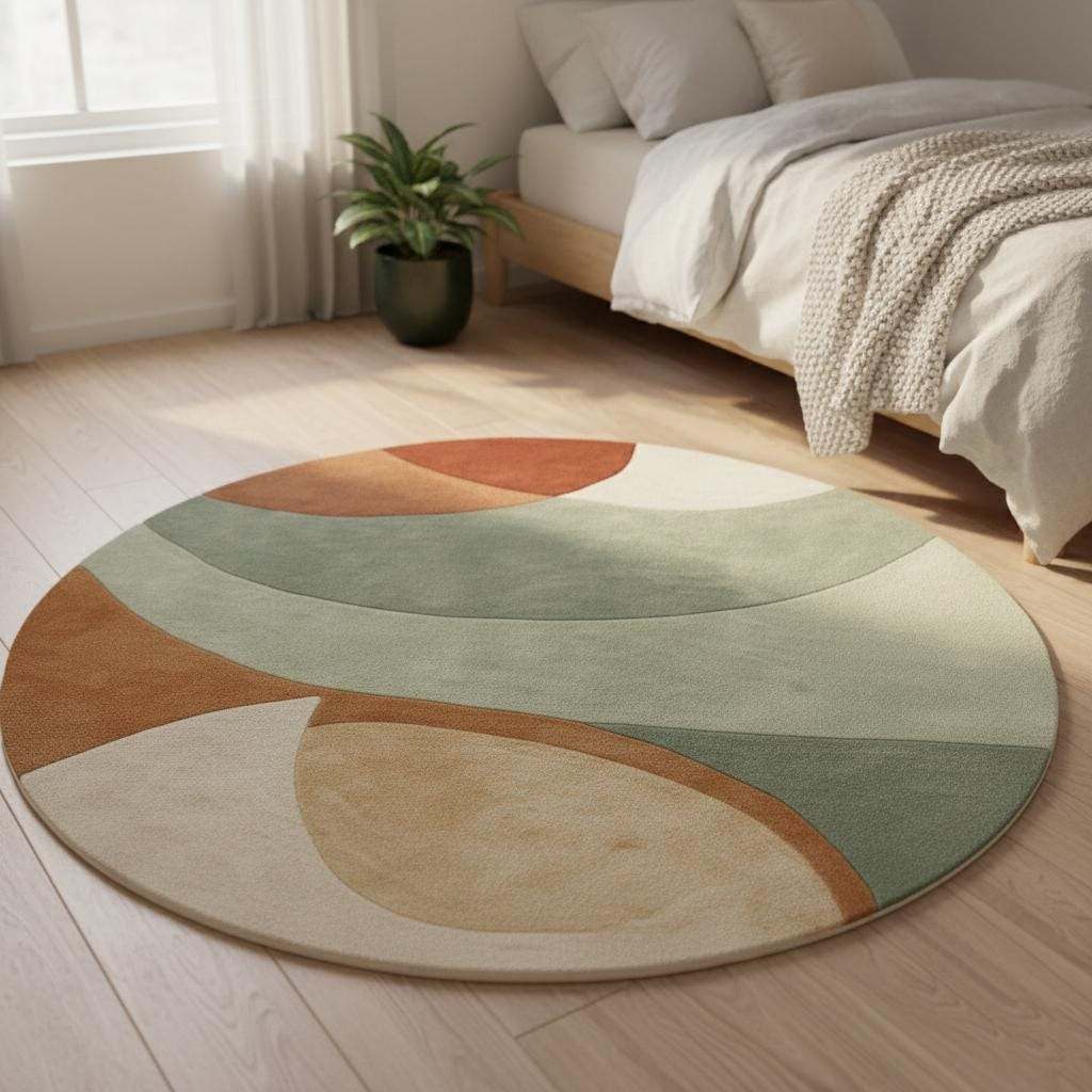 Round hand-tufted wool rug with sage terracotta geometric circle design and plush texture