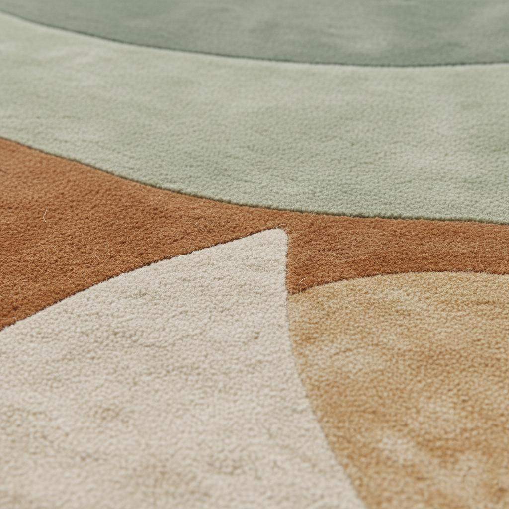 Round hand-tufted wool rug with sage terracotta geometric circle design