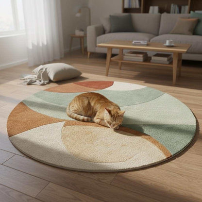 hand-tufted wool rug with sage terracotta geometric circles, round area rug, soft plush texture, mid-century modern style