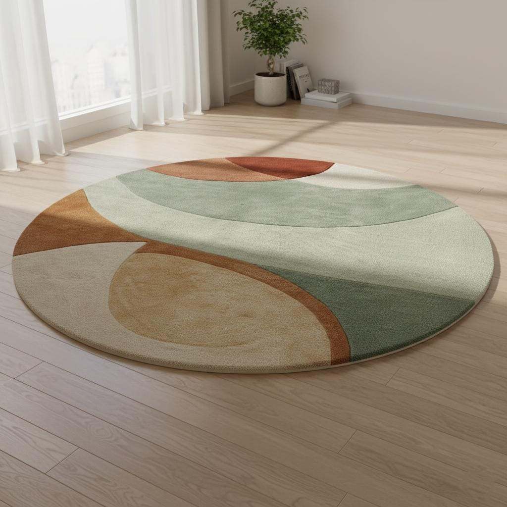 Hand-tufted wool rug with sage terracotta geometric circle design, round area rug for modern retro decor.
