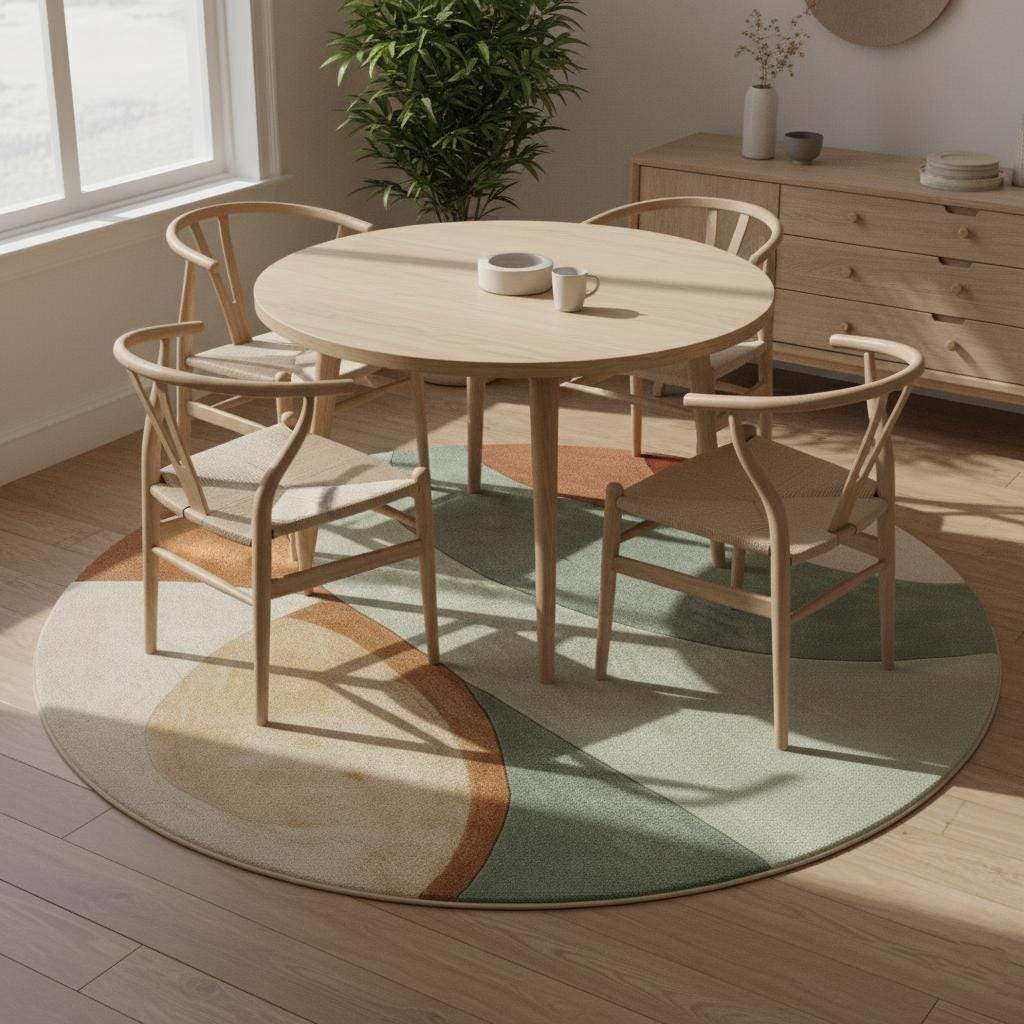 Hand-tufted wool rug with sage terracotta geometric circle design, plush textured round area rug for modern retro decor