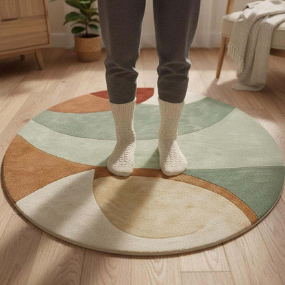Hand-tufted round wool rug with sage terracotta geometric circle design and plush texture