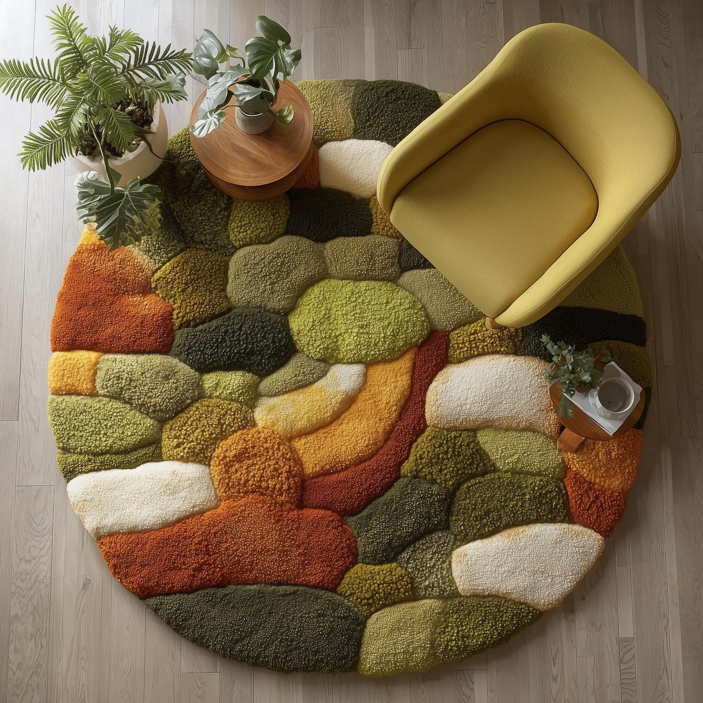 Round moss rug with high pile 3D pebble stone carpet in earth tones for cozy living room decor