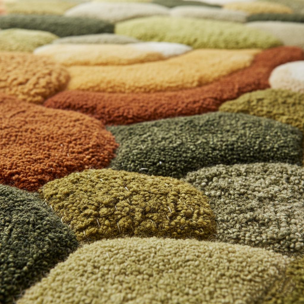 Round moss rug with high pile and 3D pebble stone carpet design for cozy living room decor