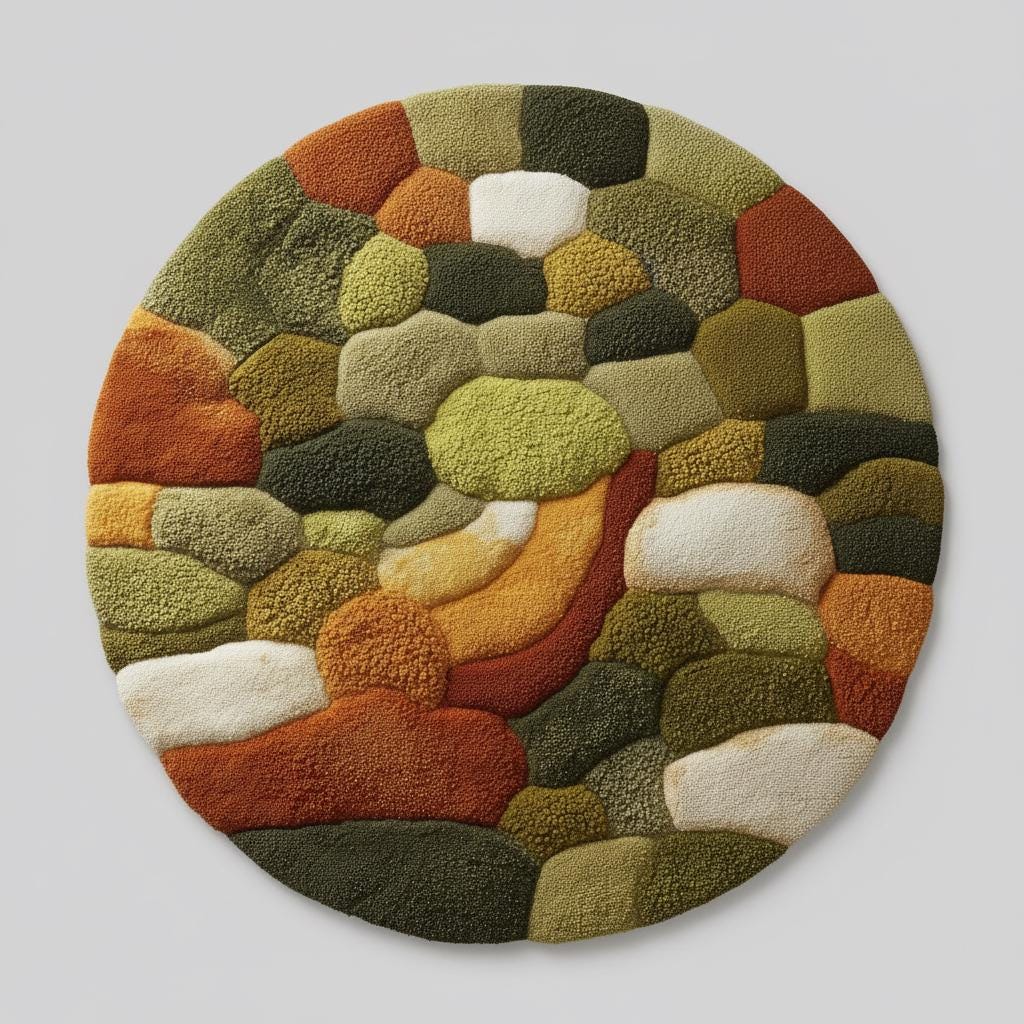 Round moss rug with high pile 3D pebble texture in earth tones for cozy living room decor
