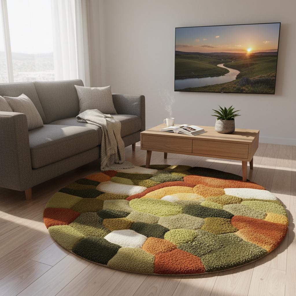 Round moss rug with high pile 3D pebble texture in earth tones for cozy living room decor