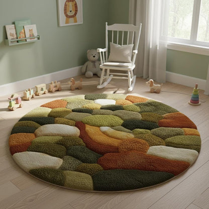 Round moss rug with high pile 3D pebble texture in earth tones for cozy living room decor