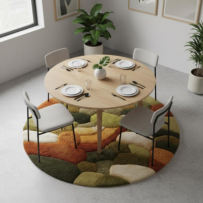Round moss rug with high pile and 3D pebble texture in earth tones for cozy living room decor