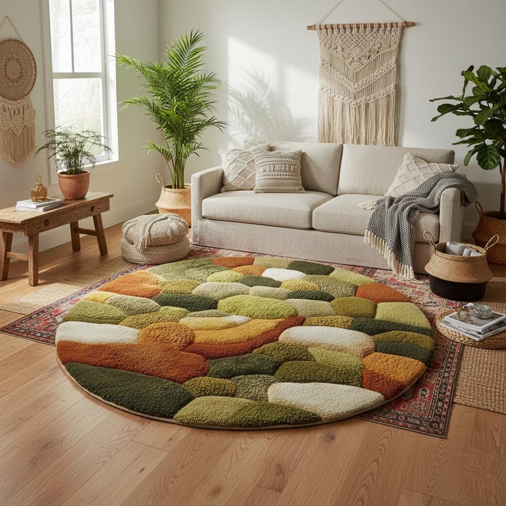 Round moss rug with high pile soft texture and 3D pebble stone pattern for cozy living room decor