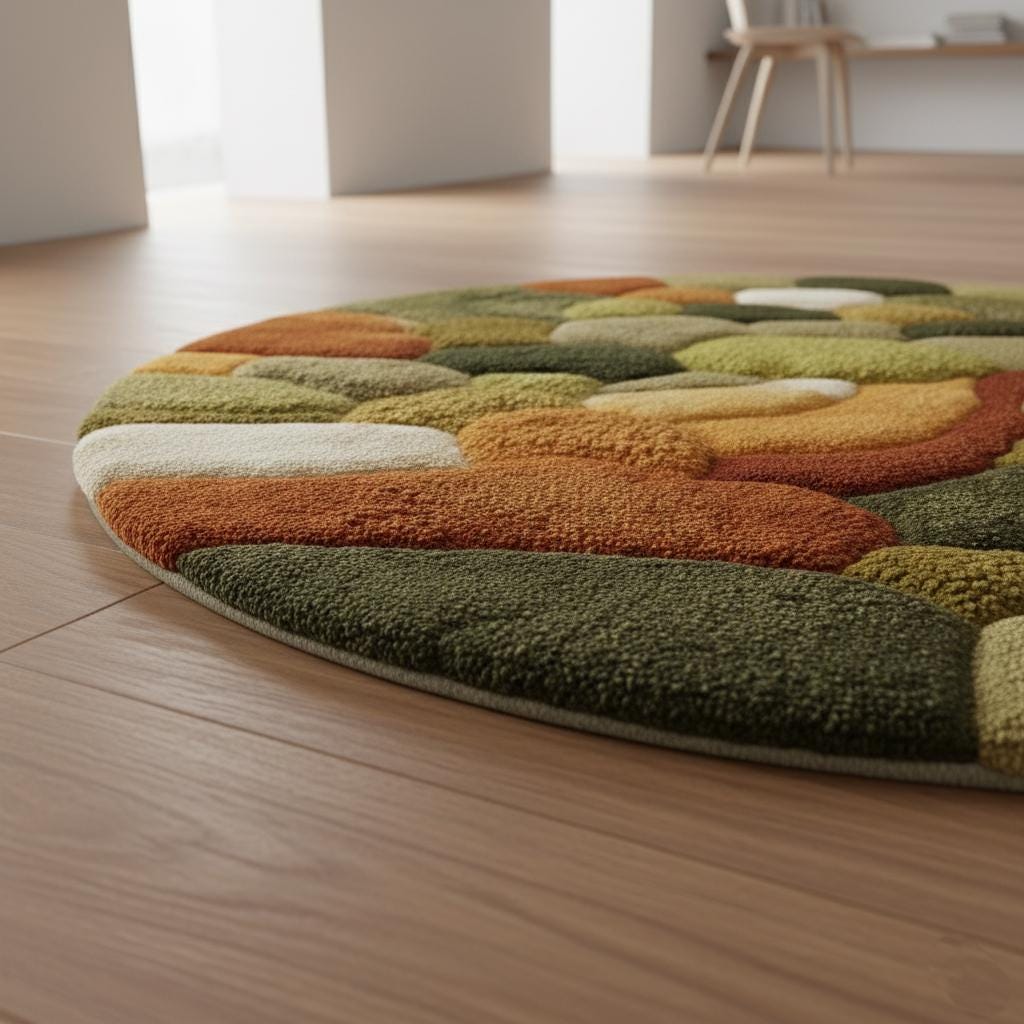 Round moss rug with high pile 3D pebble design in earth tones for cozy living room decor