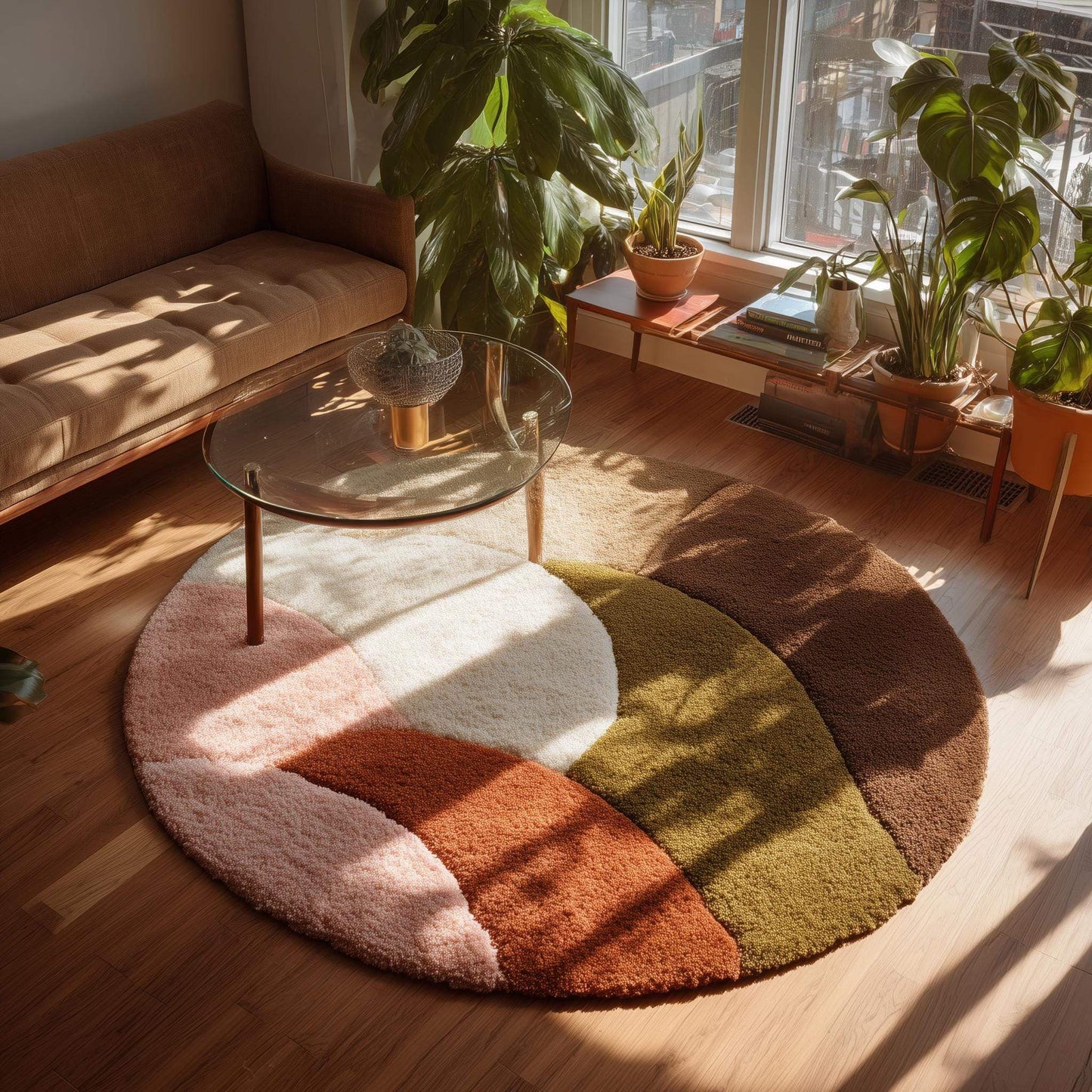 Round retro geometric wool rug with colorful mid century modern design and thick plush pile carpet
