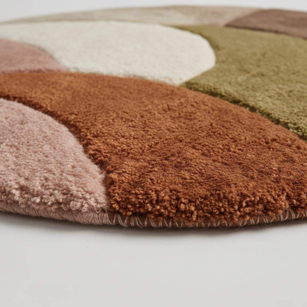 Round retro geometric wool rug with thick pile and earth tone colors