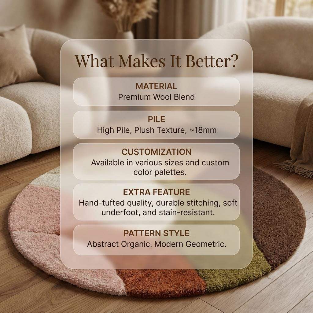 Round retro geometric wool rug with thick pile in earthy tones, hand-tufted and colorful carpet for living room decor
