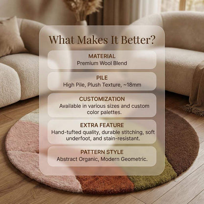 Round retro geometric wool rug with thick pile in earthy tones, hand-tufted and colorful carpet for living room decor