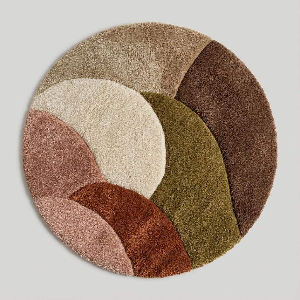 Round retro geometric wool rug with thick pile in earthy tones and mid century modern design