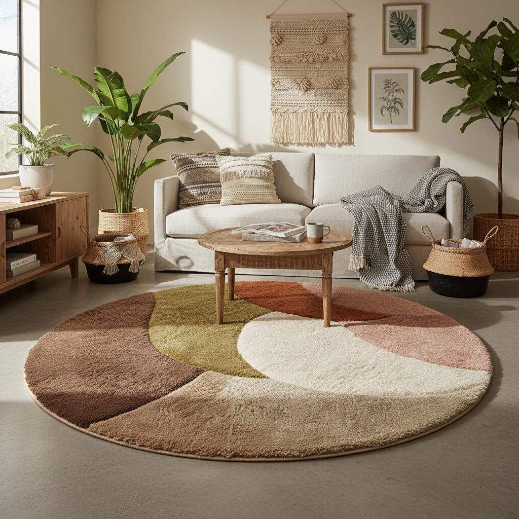 Round retro geometric wool rug with thick pile in earthy tones and mid century modern design