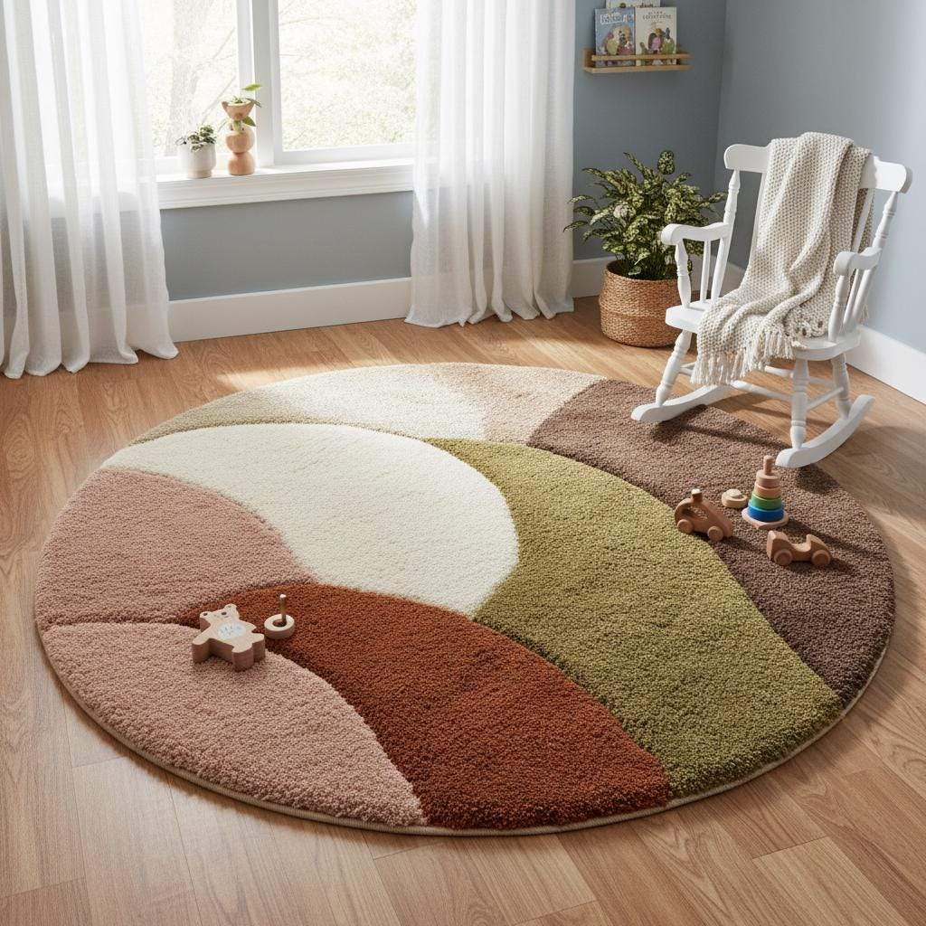 Round retro geometric wool rug with thick pile in earthy tones and mid century modern design