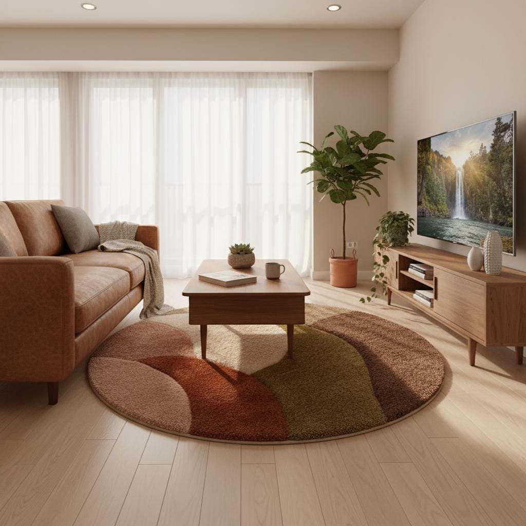 Round retro geometric wool rug with thick pile in earthy tones of brown, olive, terracotta, blush pink, and cream