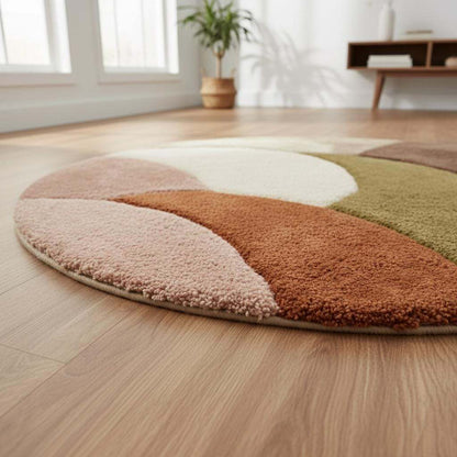 Round retro geometric wool rug with thick pile in earthy tones, hand-tufted and non-slip