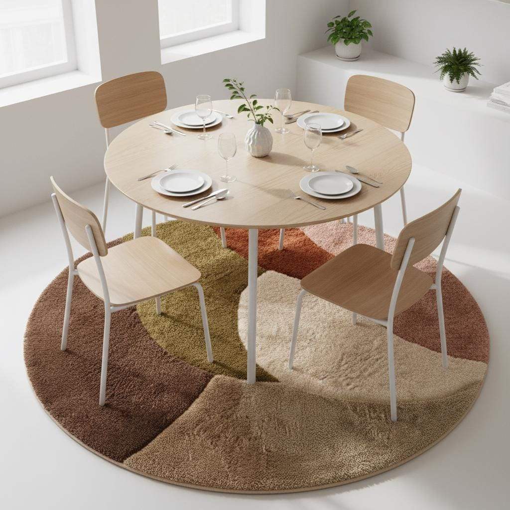 Round retro geometric wool rug with thick pile in earthy tones and mid-century modern design