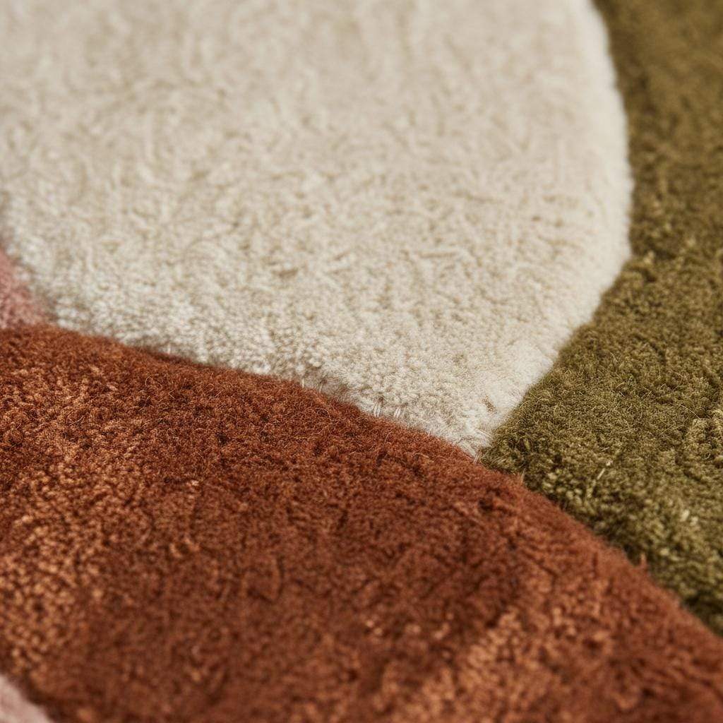 Round retro geometric wool rug with thick pile in earthy tones for cozy living room decor