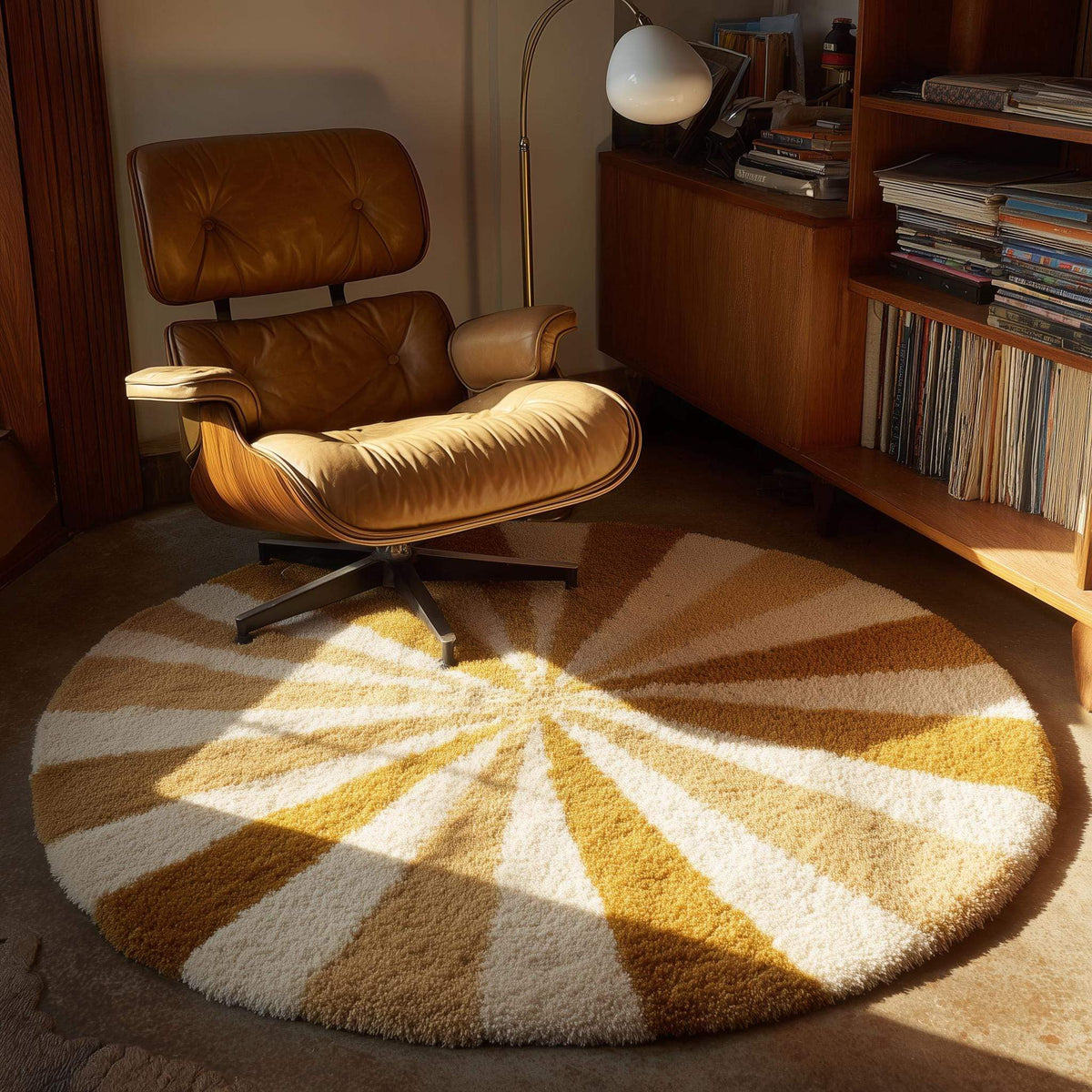 Round Sunburst Rug with mustard cream sunburst pattern and soft plush shag texture for cozy vintage decor