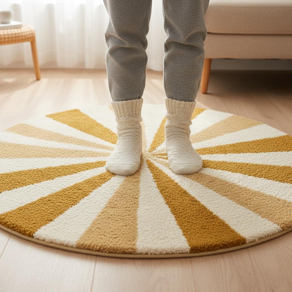 Round Sunburst Shag Rug – Mustard & Cream Mid-Century Modern Accent