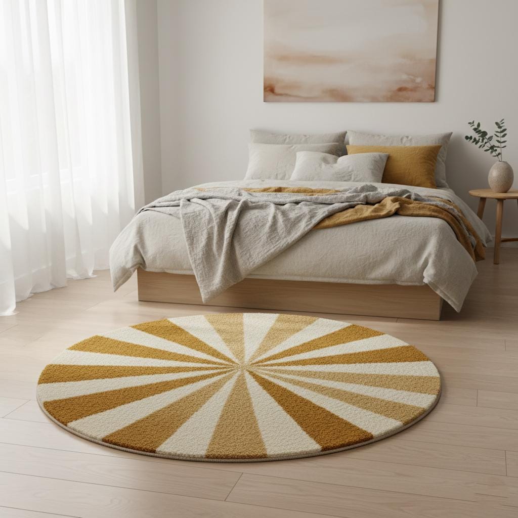 Round Sunburst Shag Rug – Mustard & Cream Mid-Century Modern Accent