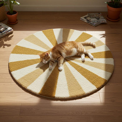Round Sunburst Shag Rug – Mustard & Cream Mid-Century Modern Accent
