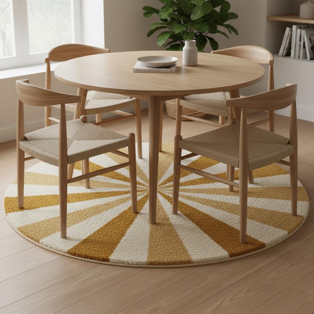 Round Sunburst Shag Rug – Mustard & Cream Mid-Century Modern Accent