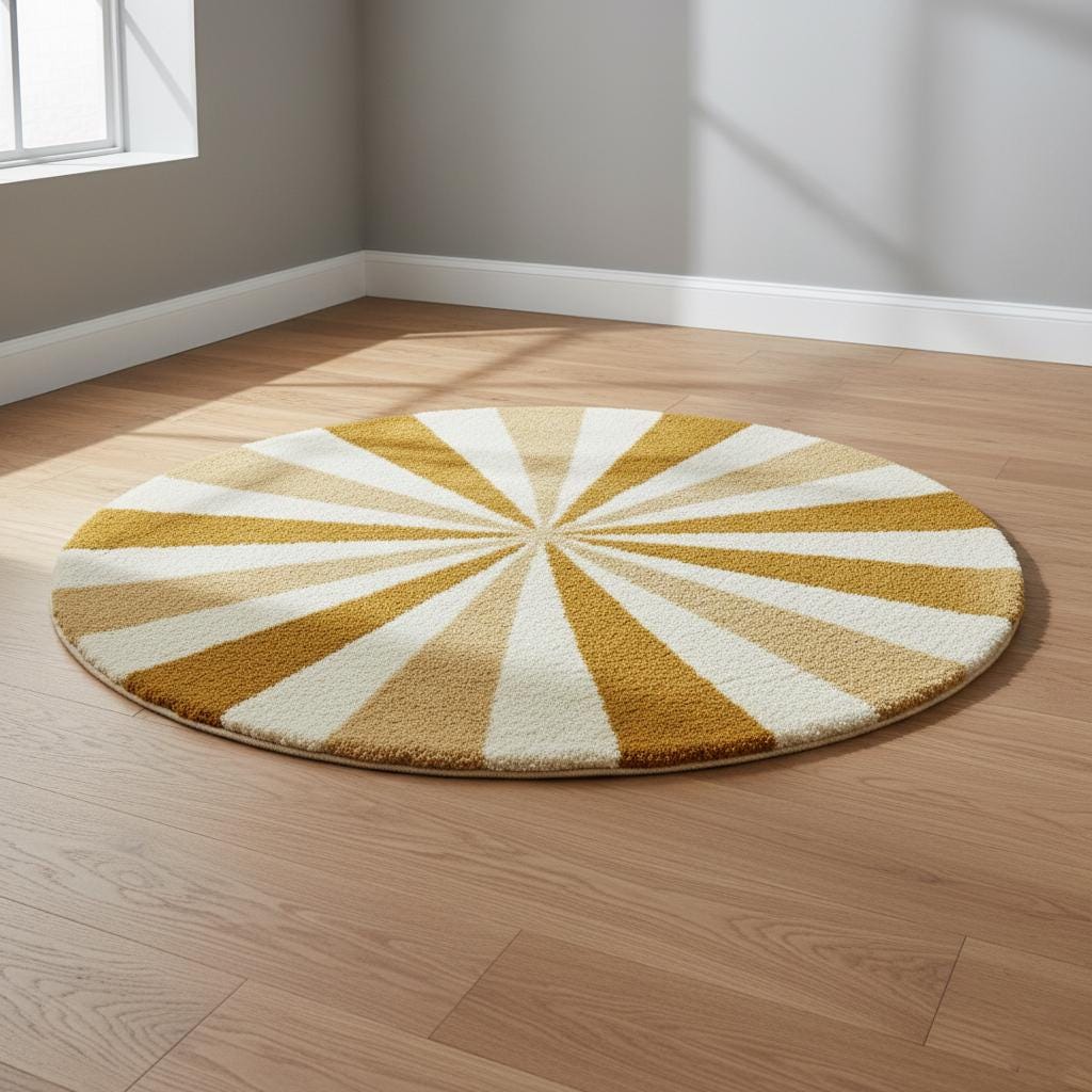 Round Sunburst Shag Rug – Mustard & Cream Mid-Century Modern Accent