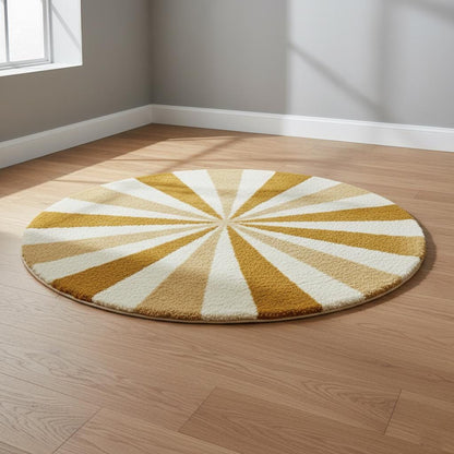 Round Sunburst Shag Rug – Mustard & Cream Mid-Century Modern Accent