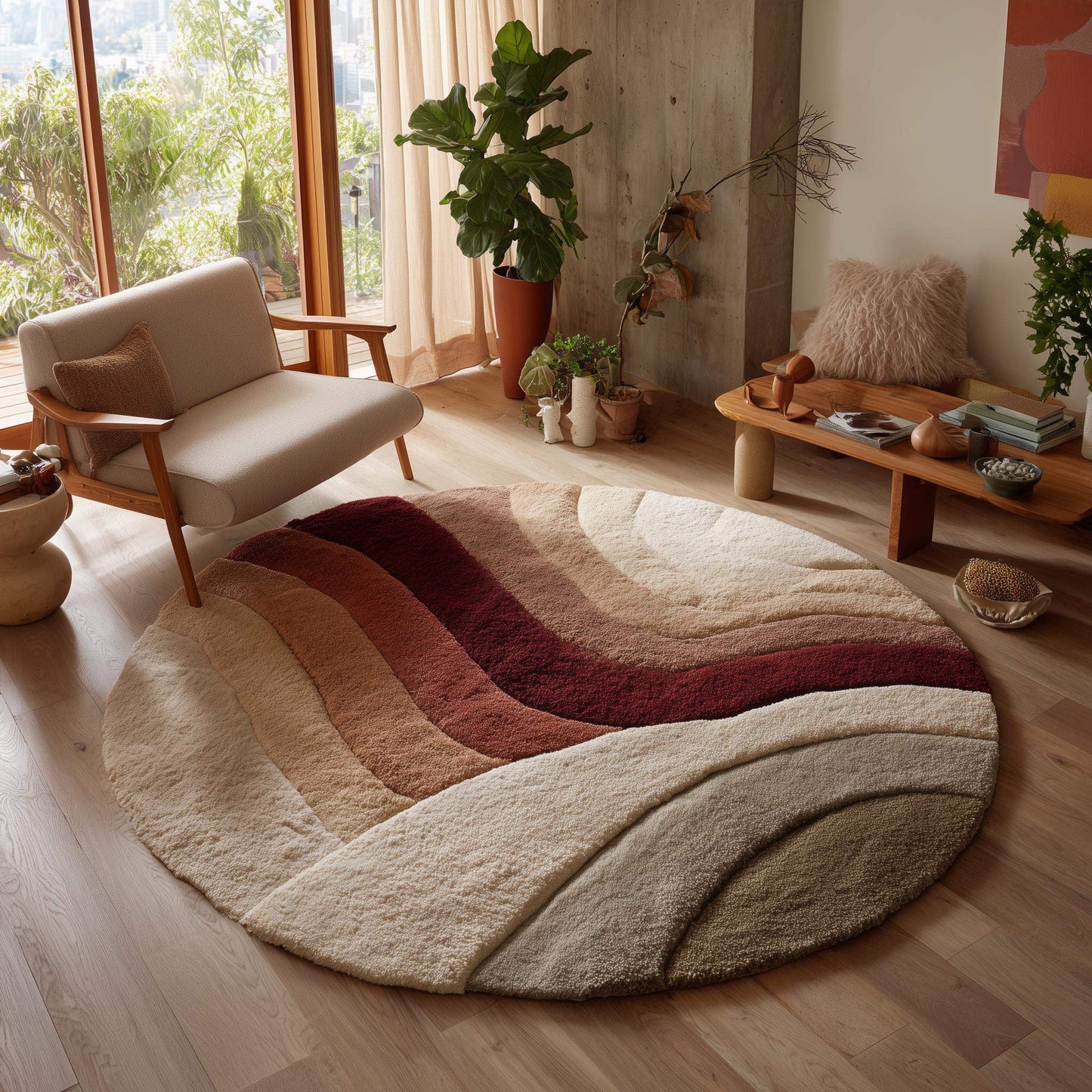 Round tufted wool rug with sunset earth tones and plush soft pile in circular shape